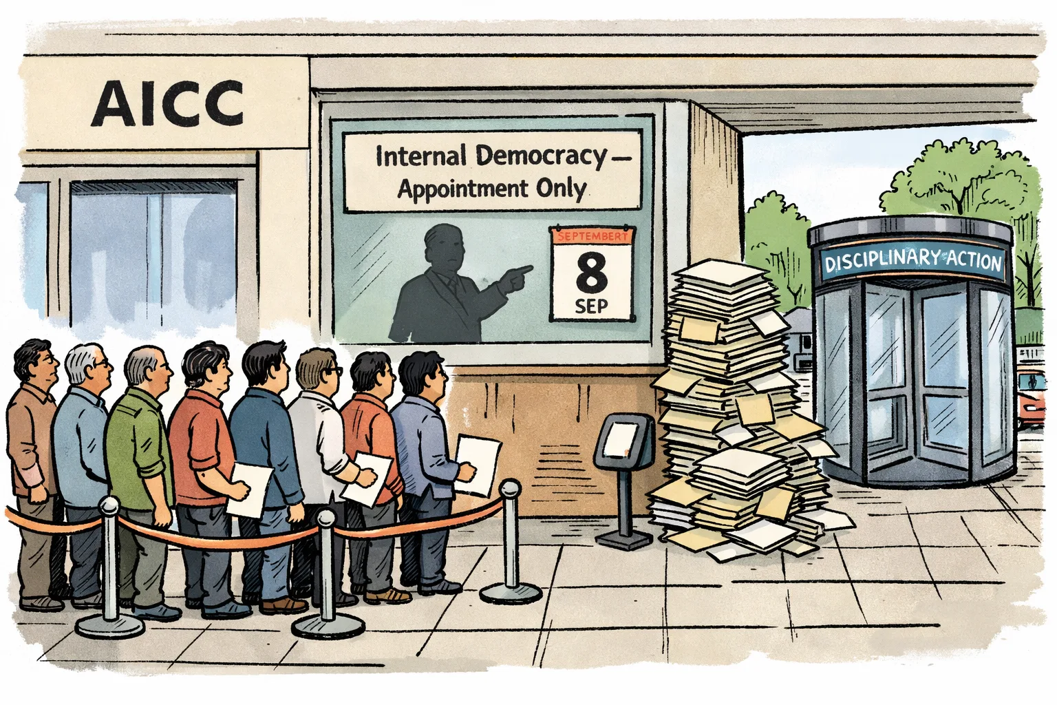 A long queue of anonymous people with complaint papers waits outside an AICC-style office, where a closed window says “Internal Democracy — Appointment Only”; files and notices crowd the pavement.