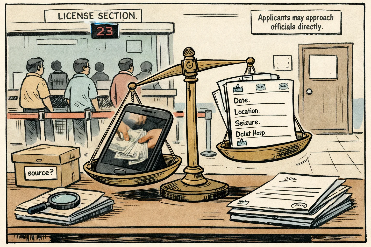 A cartoon inside a Bandlaguda transport office shows a smartphone playing a blurred cash-counting video on one side of a weighing scale, while empty evidence files and a magnifying glass sit on the other side.