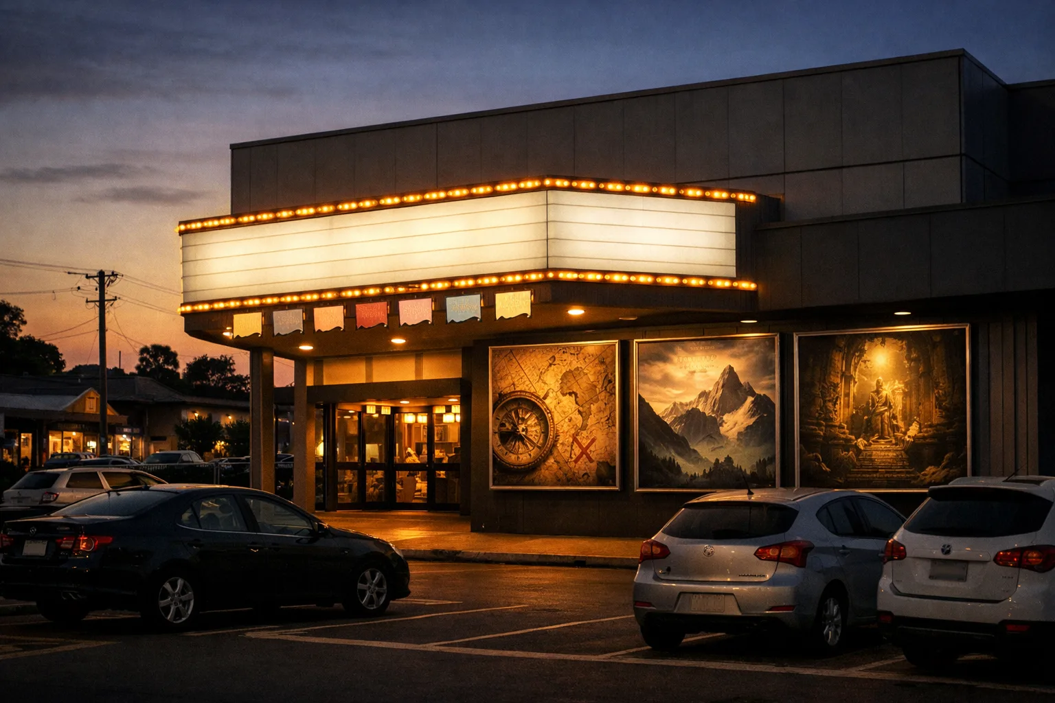 A suburban Australian multiplex cinema exterior at dusk with illuminated poster panels showing generic treasure-hunt imagery.