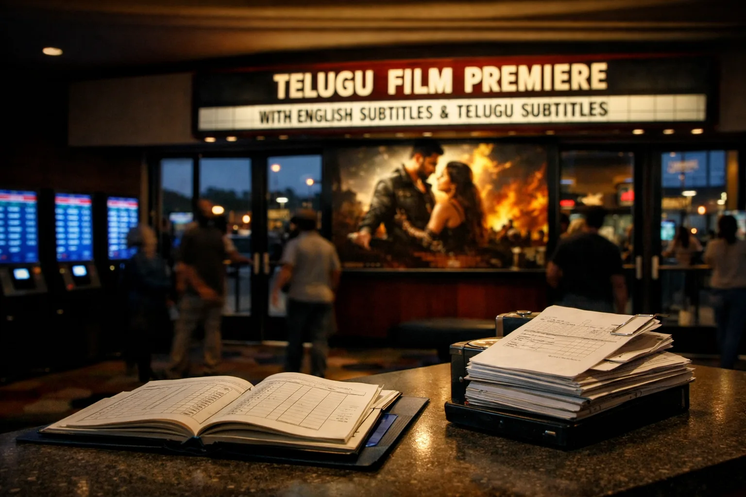 A US multiplex lobby and exterior display promote a Telugu film premiere, with glowing ticket screens and a partly closed sales ledger in the foreground.