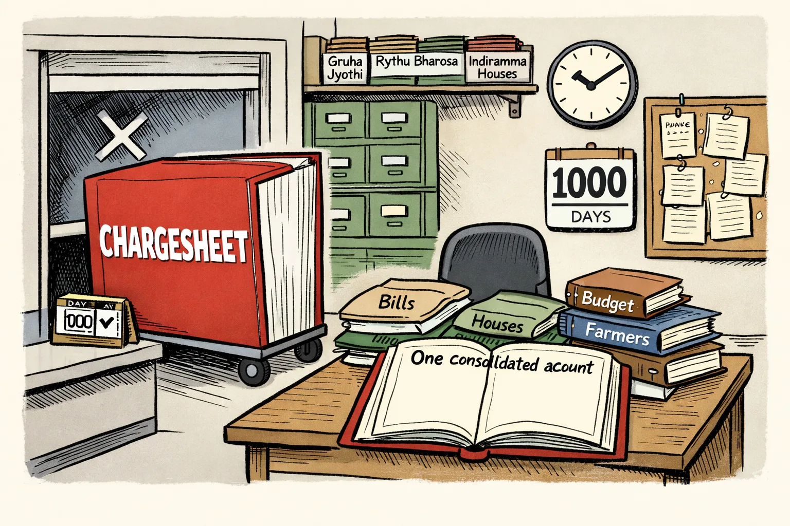 A large file marked chargesheet is pushed through a government-office window while a blank audit ledger sits beside scattered files on a desk.