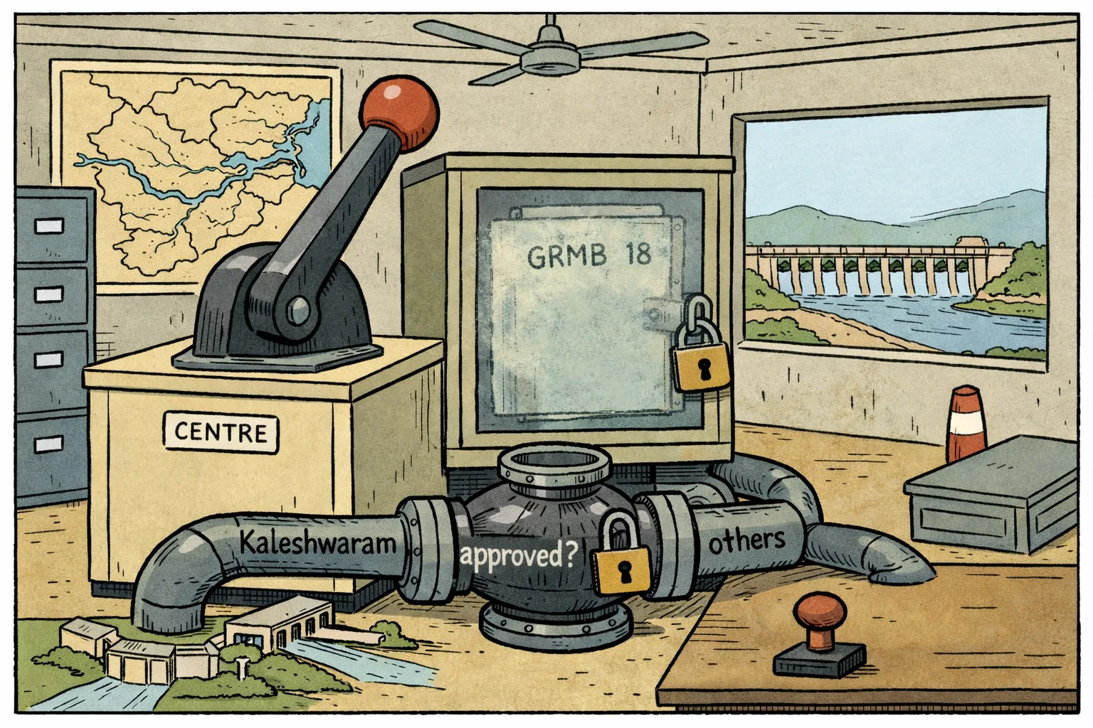 A Telangana irrigation project file sits on a desk beneath a large Central government control lever, while a sealed GRMB agenda folder remains behind a glass screen and pipes labelled with project names lead in different directions.