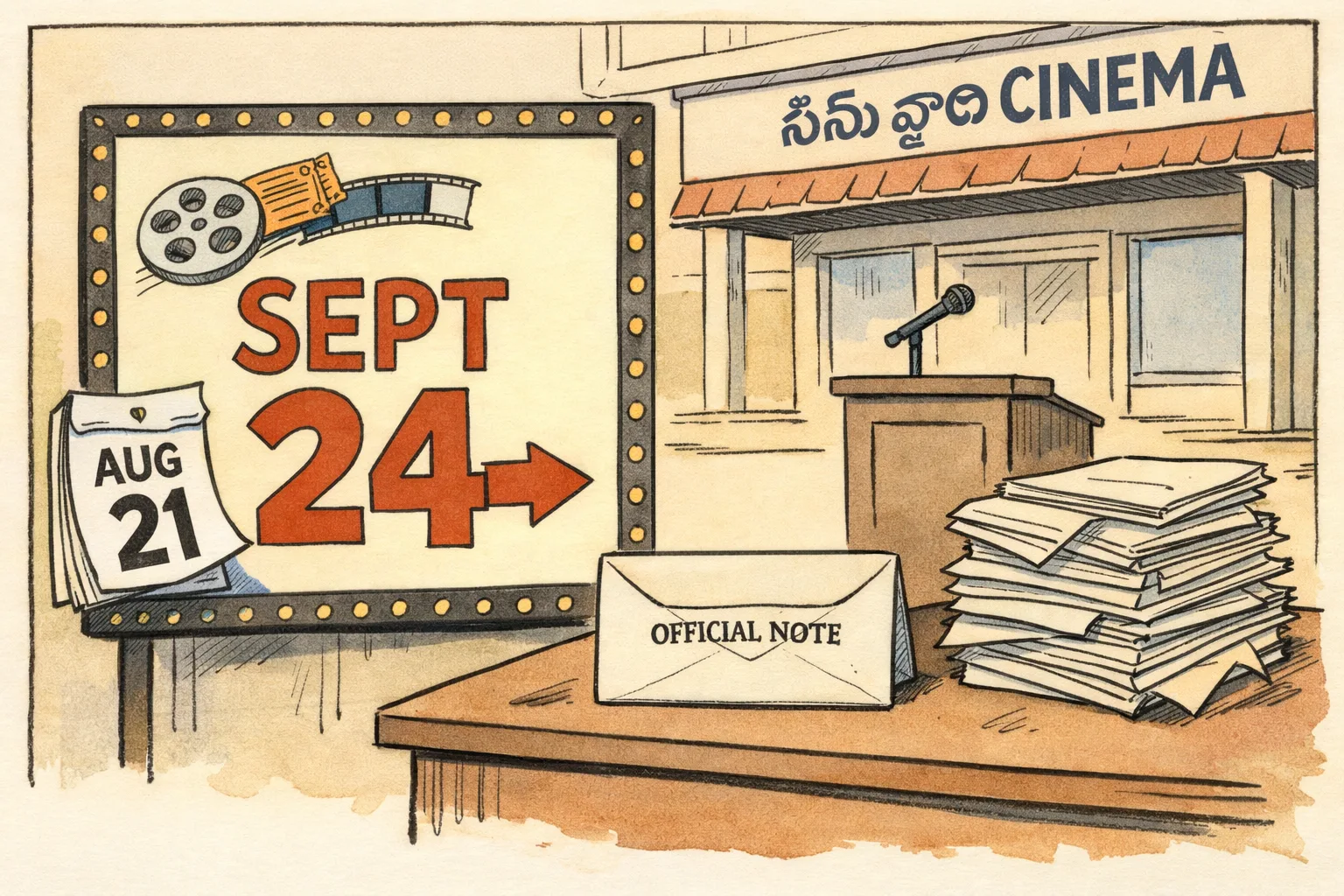 A cinema teaser poster marked with a September 24 date sits beside an empty calendar slot labelled August 21, while trade-listing papers pile up around it.