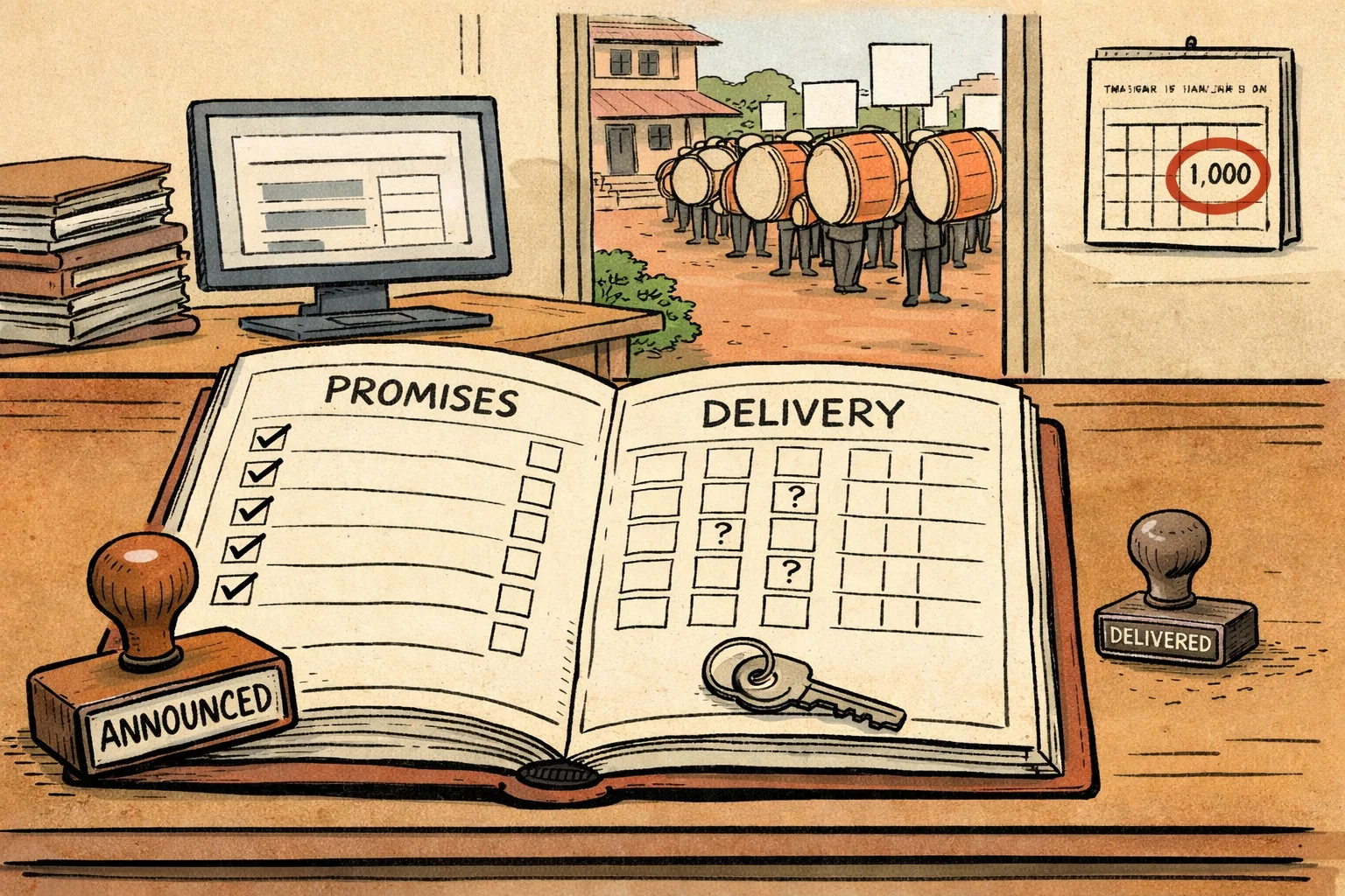 An oversized ledger in a Telangana government office shows many blank delivery boxes beside a small unused stamp, while campaign drums approach outside.