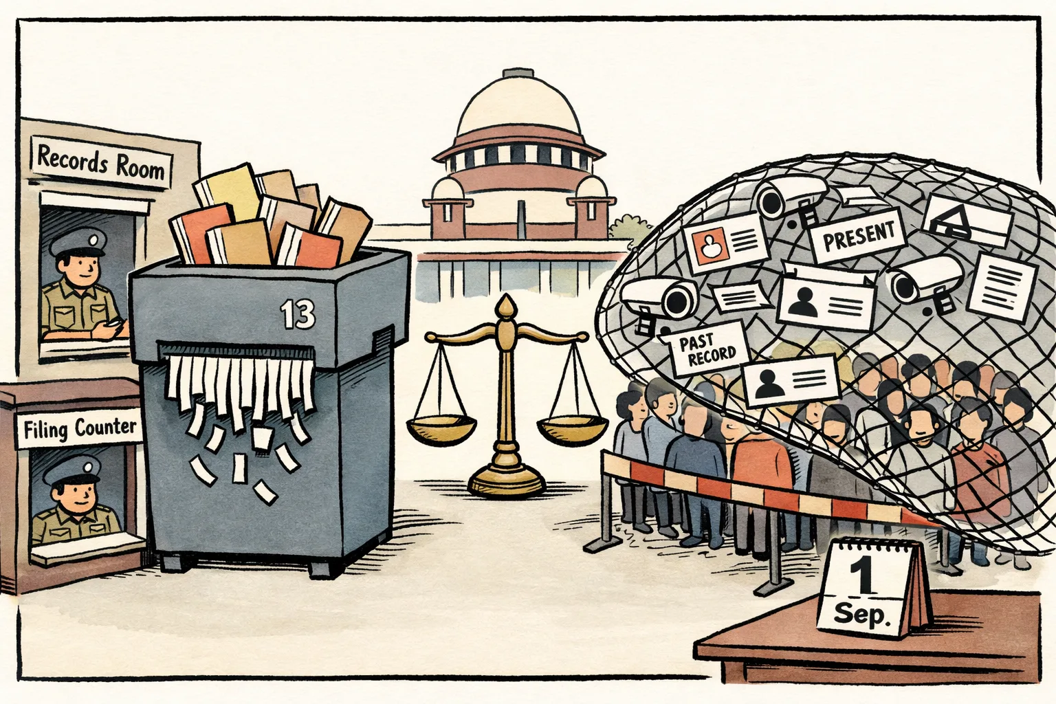 An editorial cartoon shows 13 files being pushed toward a shredder while a much larger net marked 2,873 is cast over peaceful anonymous protesters, with a Supreme Court scale between them and a calendar marked 1 Sep.