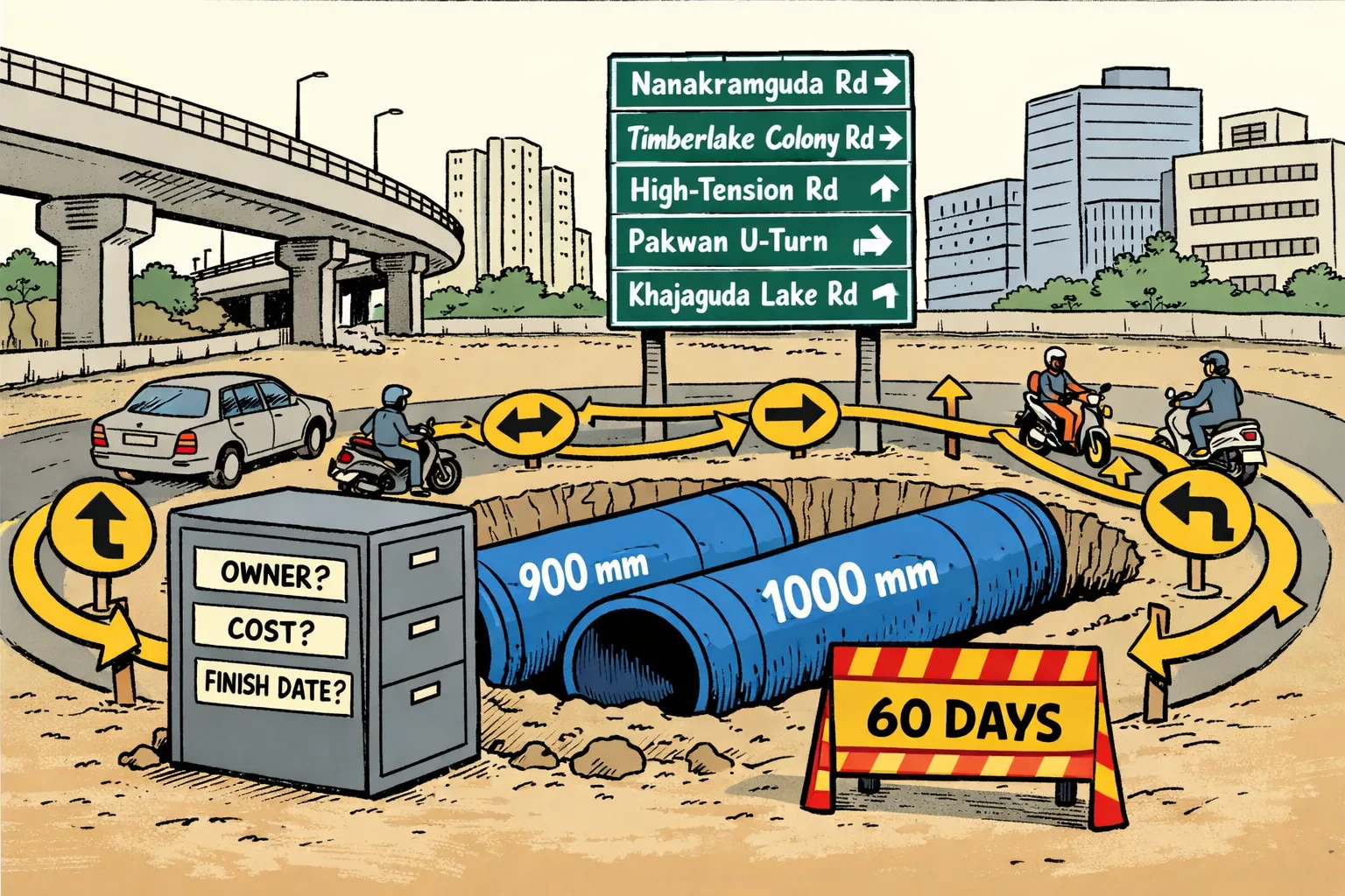 An ink-and-colour cartoon shows oversized 900 mm and 1000 mm water pipes emerging from a locked filing cabinet marked with questions about their owner, cost and finish date, while cars follow a tangled diversion route around a dug-up Cyberabad junction.