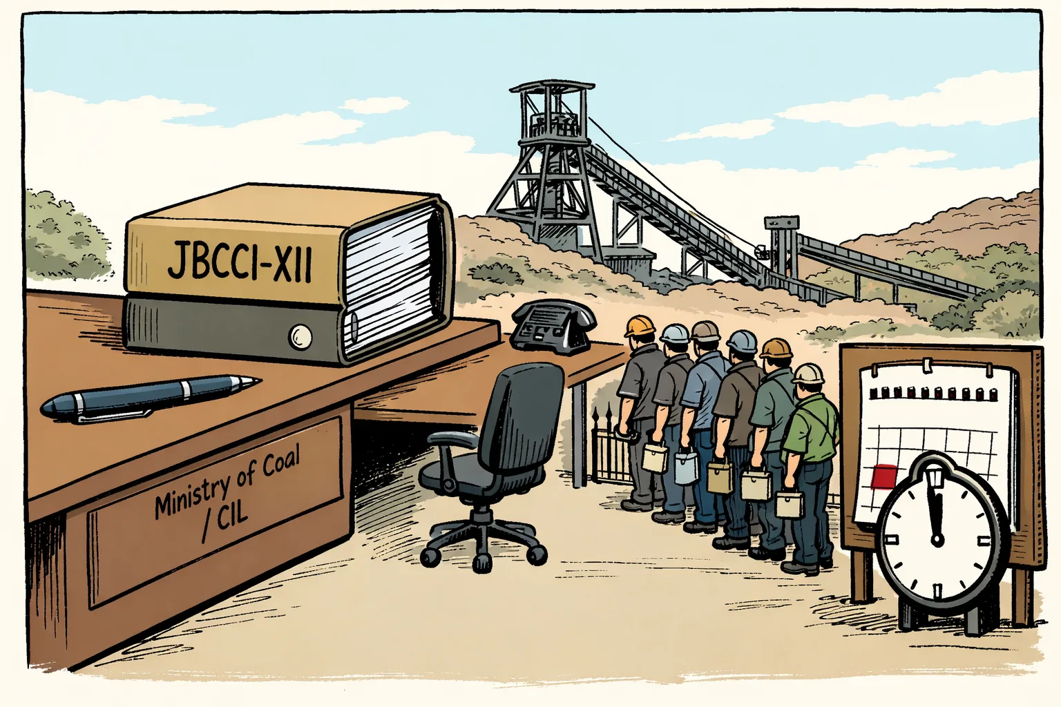 Singareni mine workers wait beside a stopped wage-agreement clock while an unopened JBCCI-XII file and an oversized pen sit in a distant government office.