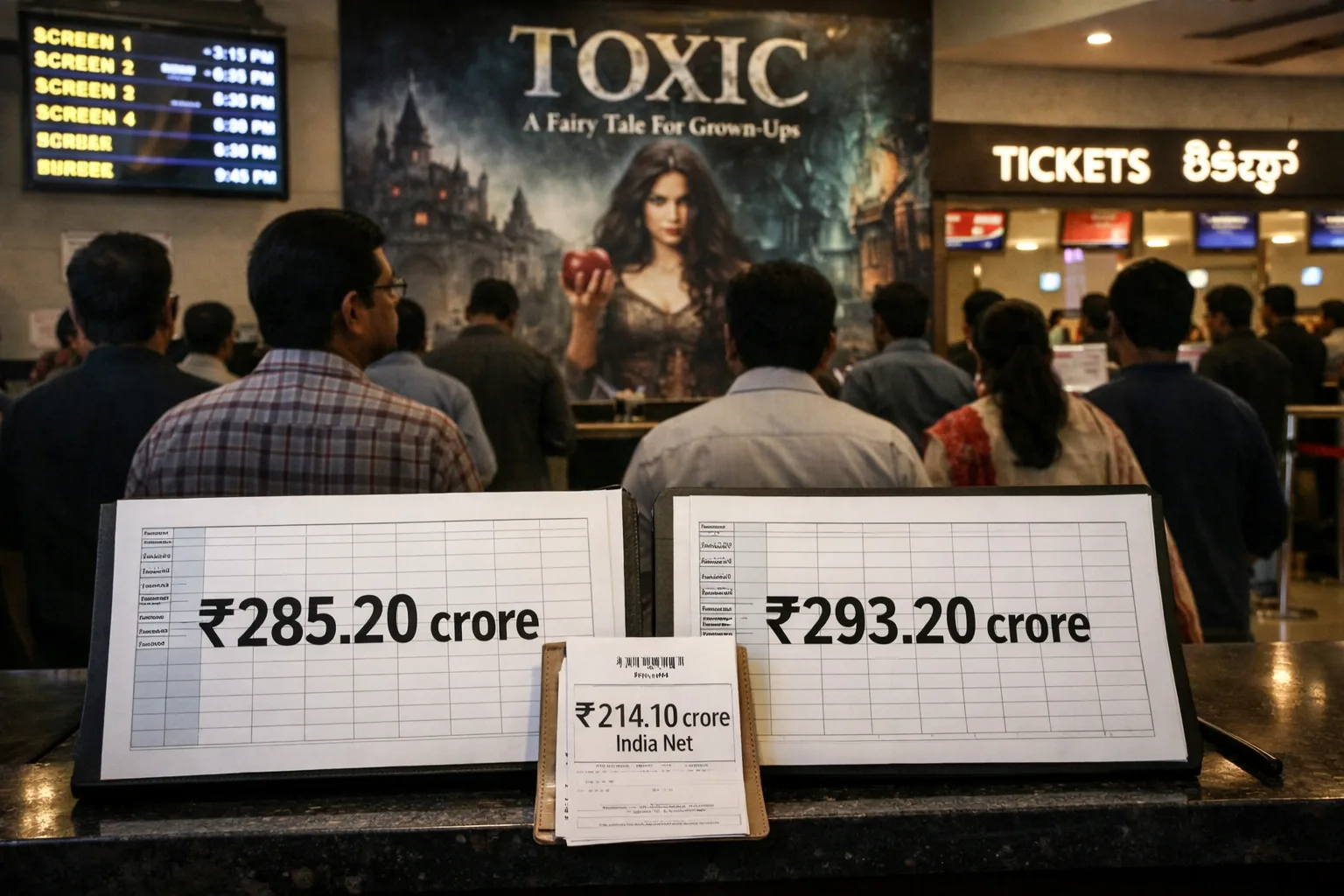 A Hyderabad multiplex foyer displays a Toxic film poster while two spreadsheets show different worldwide totals, ₹285.20 crore and ₹293.20 crore, beside a smaller India net figure of ₹214.10 crore.