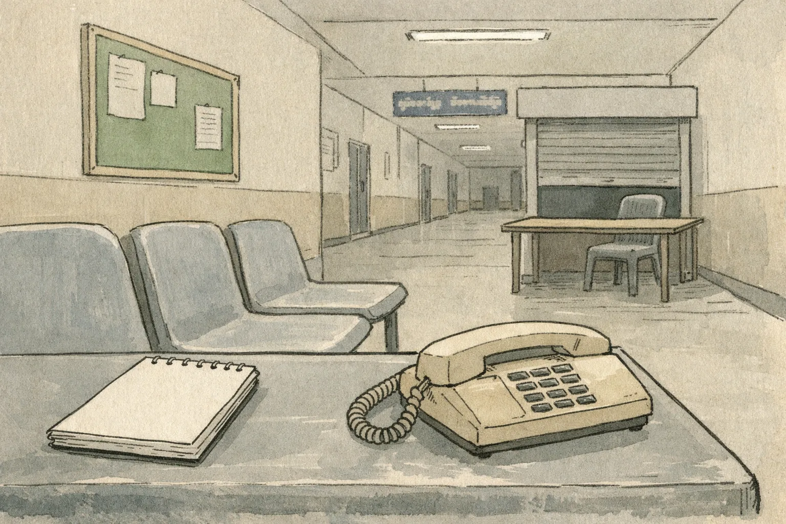 A quiet district hospital corridor in Jayashankar Bhupalpally, with an empty police help desk, a closed newsroom notebook and an unanswered telephone on a bench beneath a wall clock.