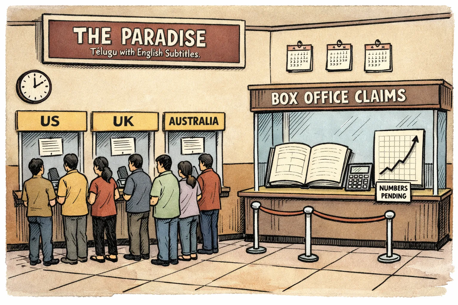 A cinema foyer has three open ticket windows labelled US, UK and Australia, while a larger box-office claims counter stands closed behind an evidence barrier with an empty ledger and blank graph.