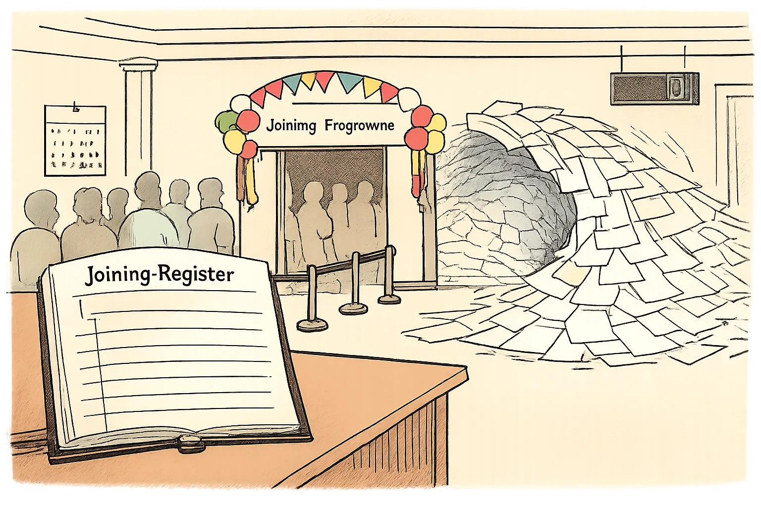 An oversized joining register at a Hyderabad political programme has one filled line and many blank lines, while a paper wave made of unsigned forms rises behind an empty queue barrier.