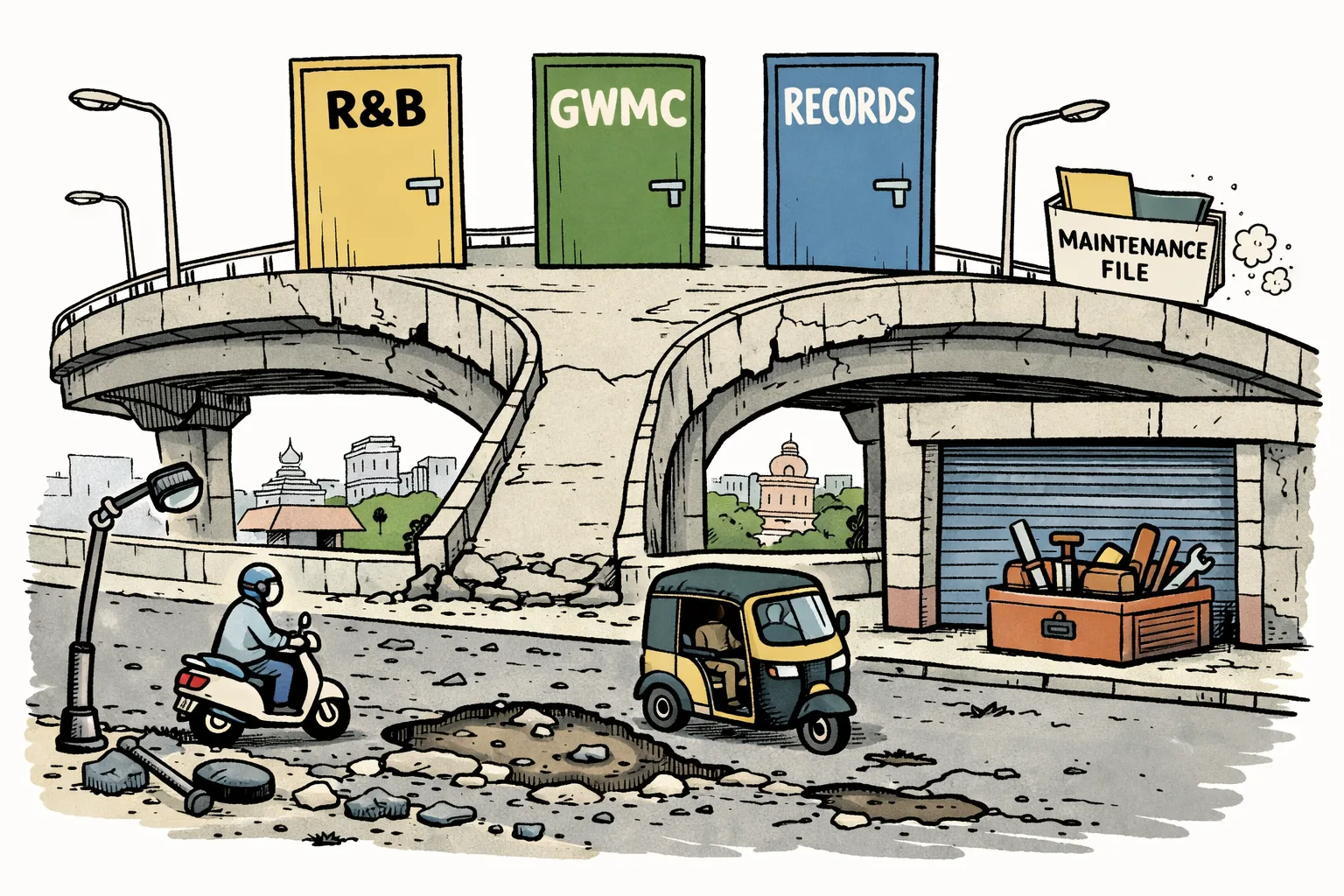 A cartoon of Warangal’s Y-shaped bridge with potholes and a broken streetlight, while three labelled office routes marked R&B, GWMC and RECORDS lead away from an unused repair toolbox.