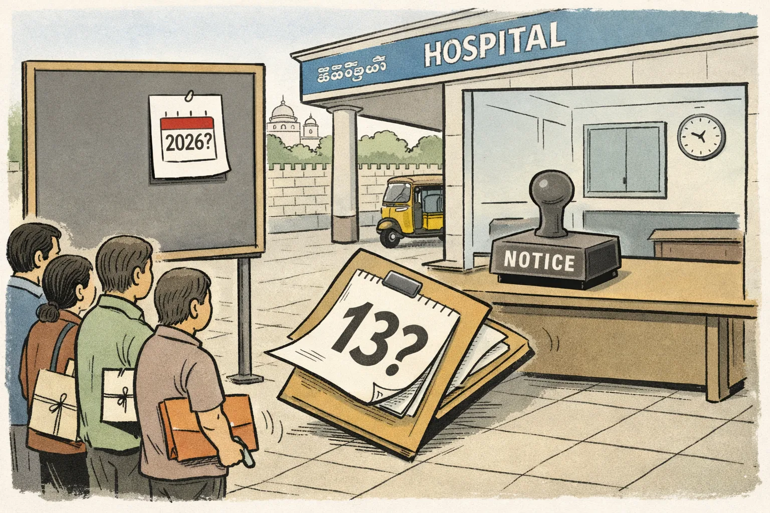 A Telangana hospital noticeboard stands beside a queue of parents holding neatly bundled medical files, while a large calendar page marked “13?” hangs from a desk and an official stamp sits unused nearby.