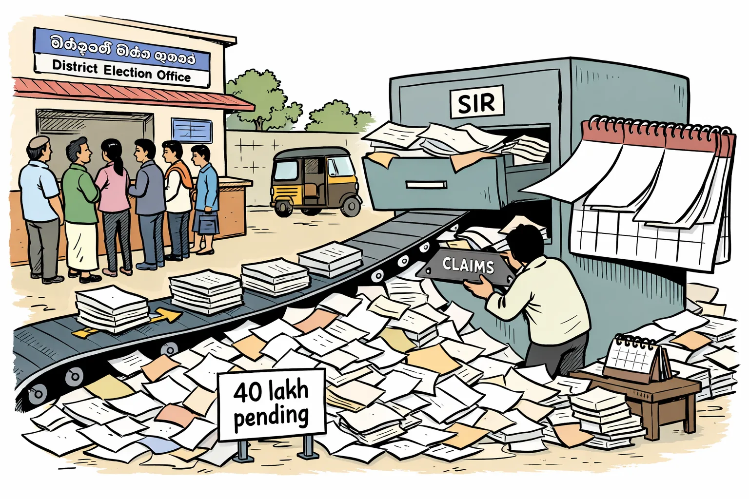 An overflowing election-office filing cabinet spills notices across the floor while a large calendar is extended by several blank pages and residents wait at a help counter.