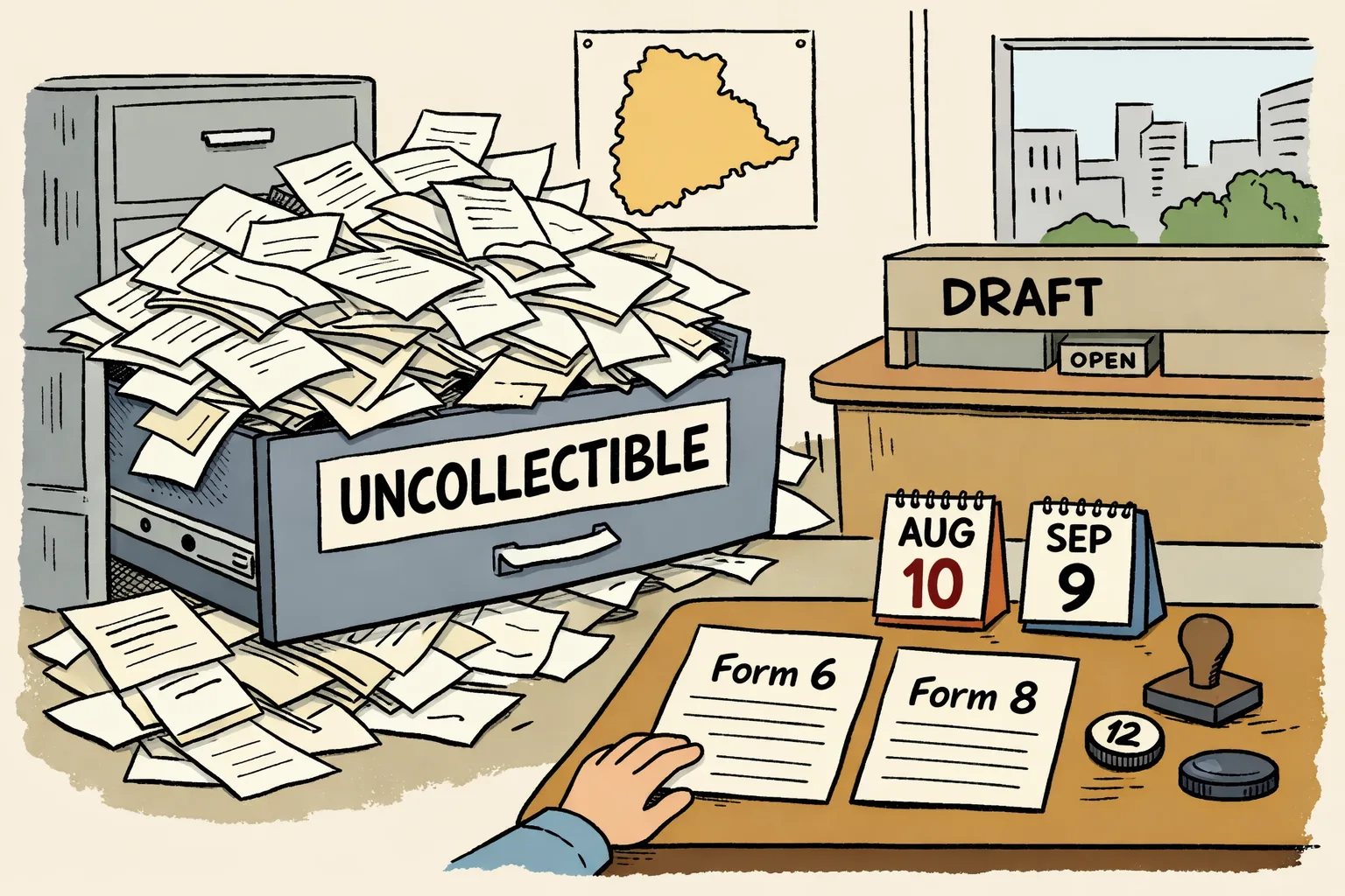 A large Telangana electoral-roll filing cabinet is labelled with stacks marked “Uncollectible,” while a small Form 6 lies on a citizen’s desk beside a calendar marked August 10 and September 9.