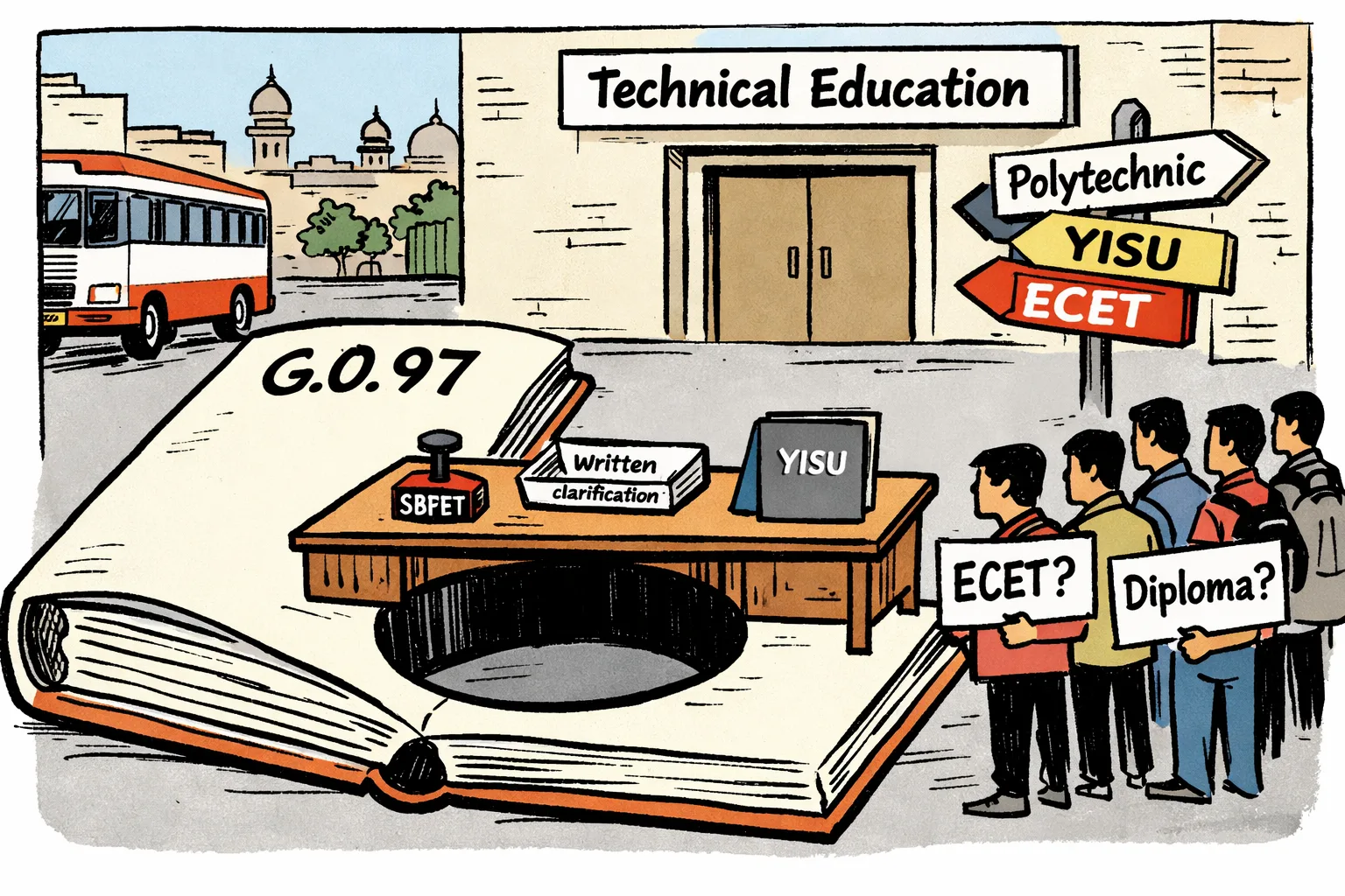 A blank file marked G.O. 97 forms a hole between a group of polytechnic students and a desk holding SBTET and YISU folders, with conflicting education signposts behind them.