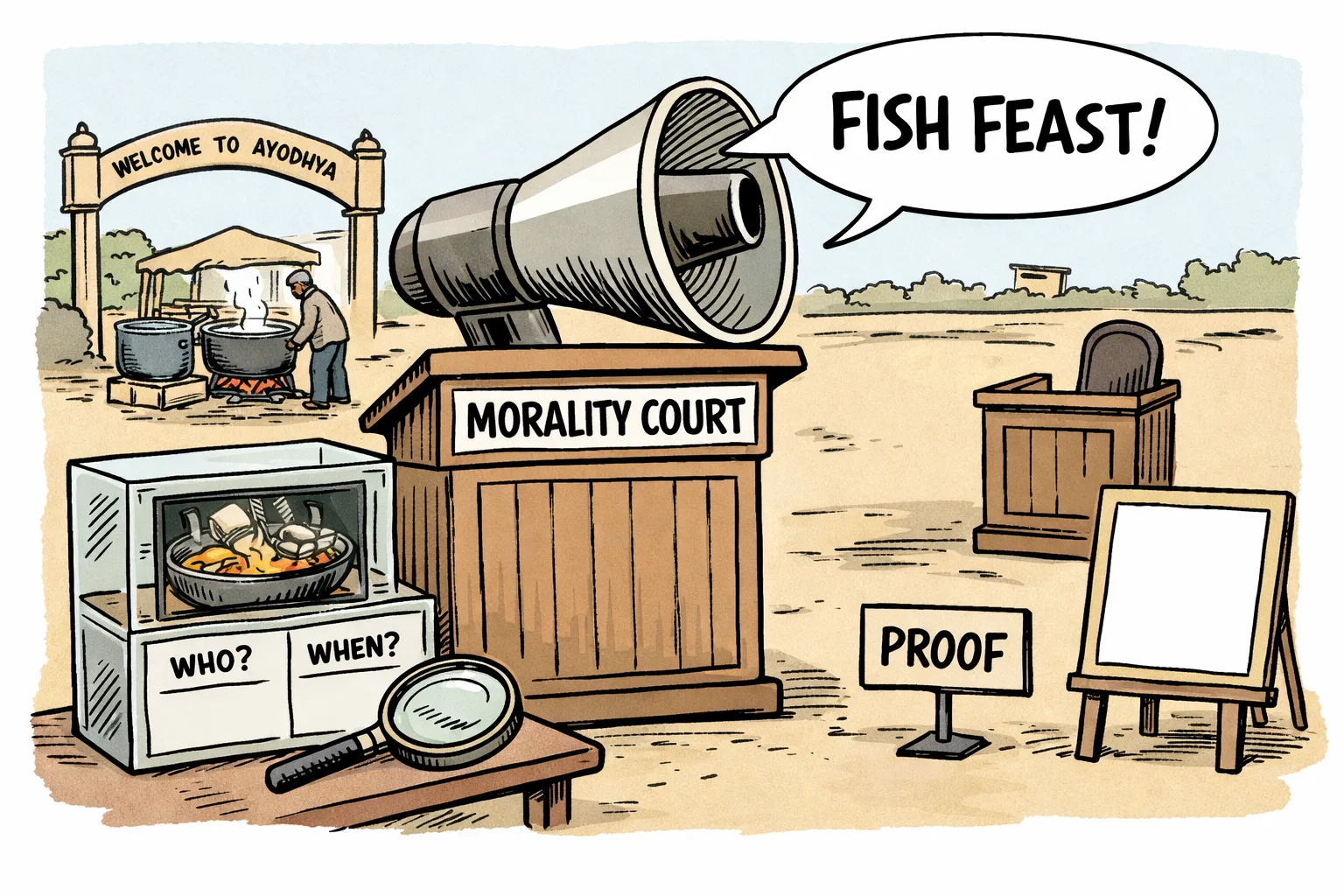 A large morality-court megaphone shouts “FISH FEAST!” toward a cooking pot and a disconnected video screen, while an evidence box has empty spaces for who and when and a blank proof photograph frame.
