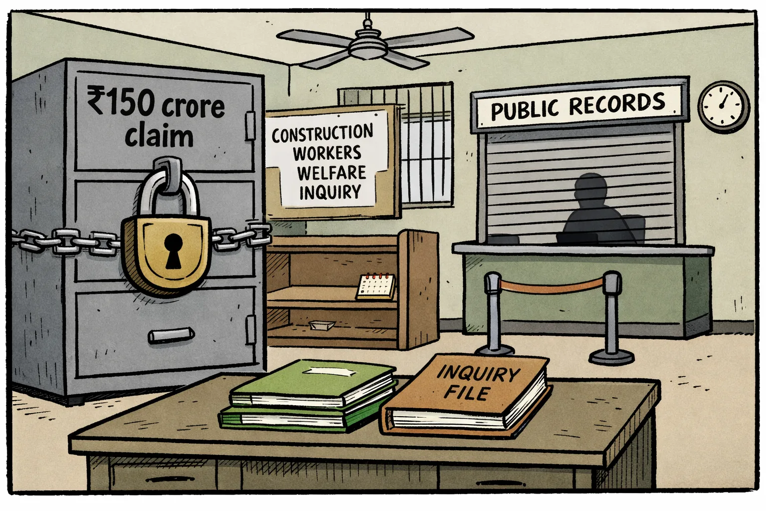 A Telangana government office desk sits beside a locked filing cabinet marked '₹150 crore claim'; two suspension files and an inquiry file rest on the desk while a public-records counter and shelves remain empty.