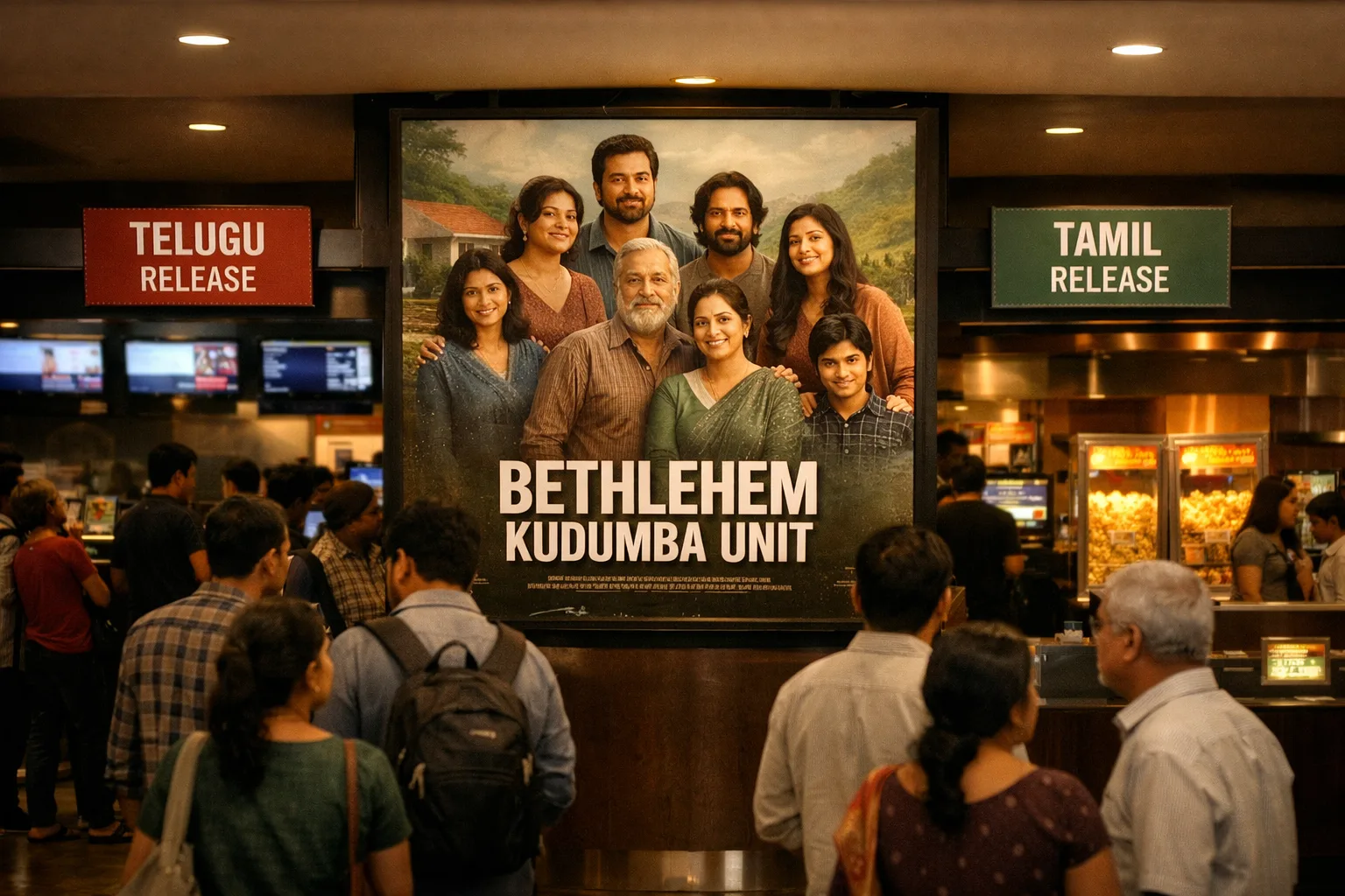 A Hyderabad multiplex foyer displays a promotional poster for the Telugu-dubbed release of Bethlehem Kudumba Unit beside cinema ticket counters and concession stands.