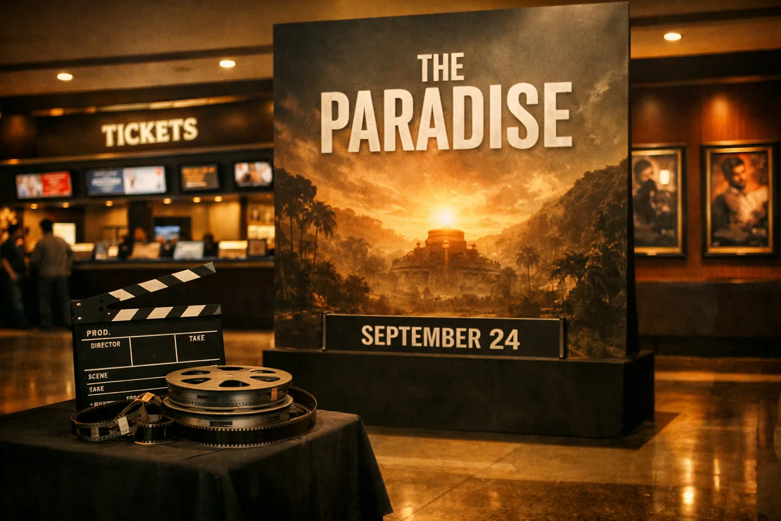 A Hyderabad cinema foyer with a release poster display, ticket counters, film posters and a clapperboard beside film reels.