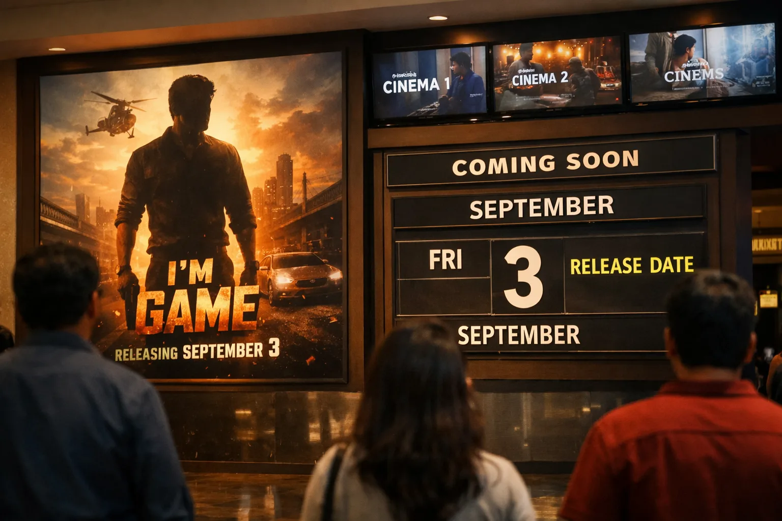 A Hyderabad multiplex foyer displays promotional panels for I’m Game beside a cinema calendar showing September 3.