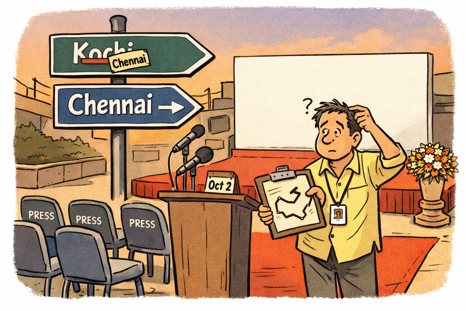 An empty cinema-event stage stands behind crossed-out direction signs pointing to Kochi and Chennai, while an organiser studies a zigzagging map beside a lectern.