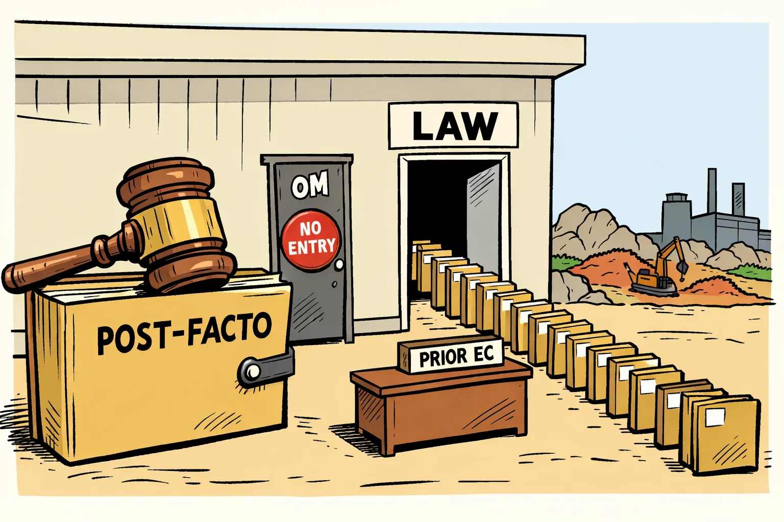 A giant Supreme Court gavel has slammed shut a file labelled “post-facto clearance” beside a locked Ministry memo door, while a queue of unfinished project models stops at a barrier marked “prior approval”; a Telangana landscape with scrub, rocky hills and a construction site appears behind them.