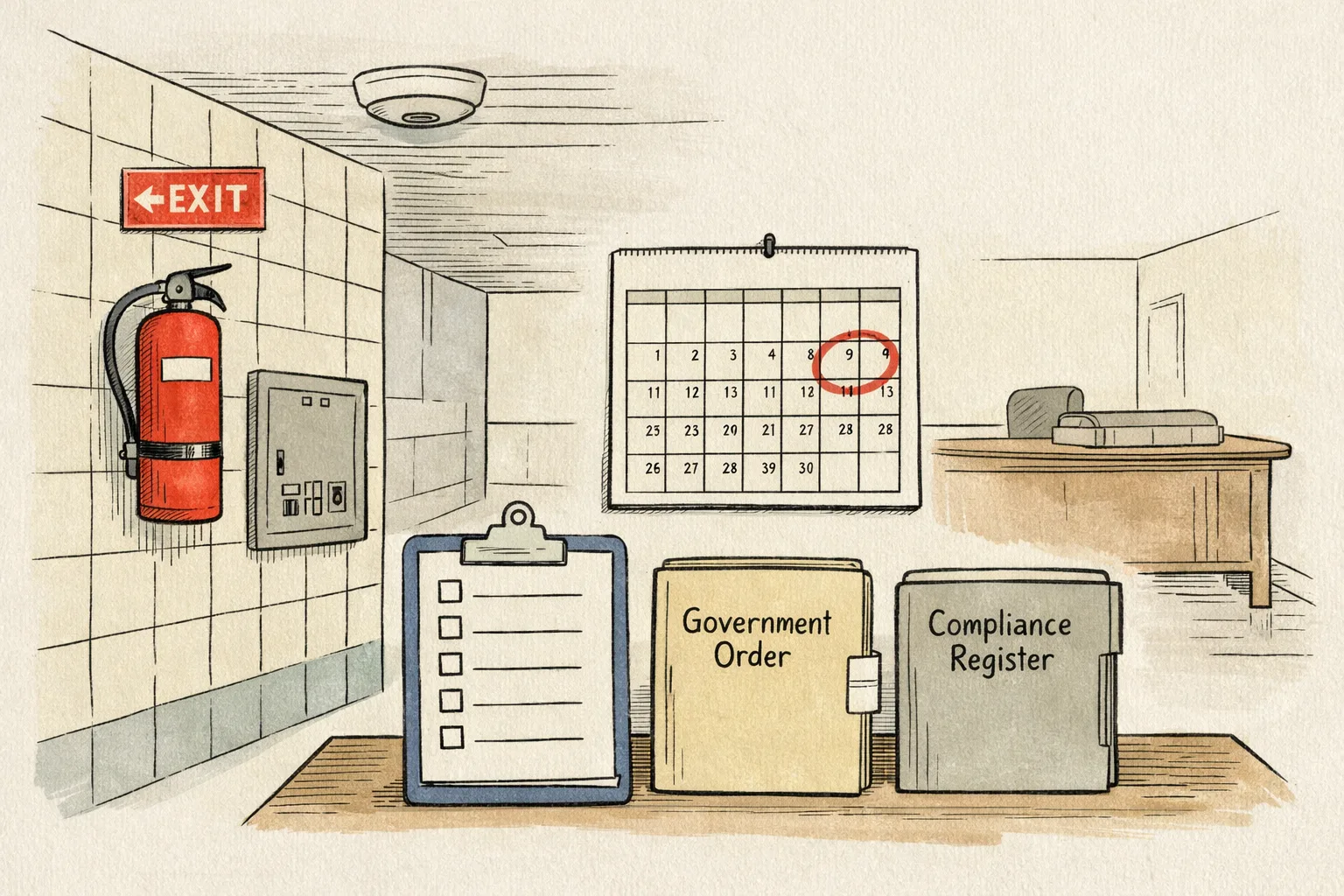 A Telangana government hospital corridor with fire-safety equipment and a one-month calendar beside an empty desk holding a closed Government Order file and blank compliance register.