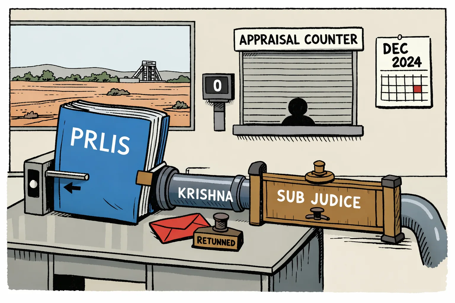 A large PRLIS project file sits on a Central Water Commission desk beside a returned envelope, while a water pipeline marked ‘Krishna’ is blocked by a courtroom barrier and Telangana’s irrigation fields wait in the background.
