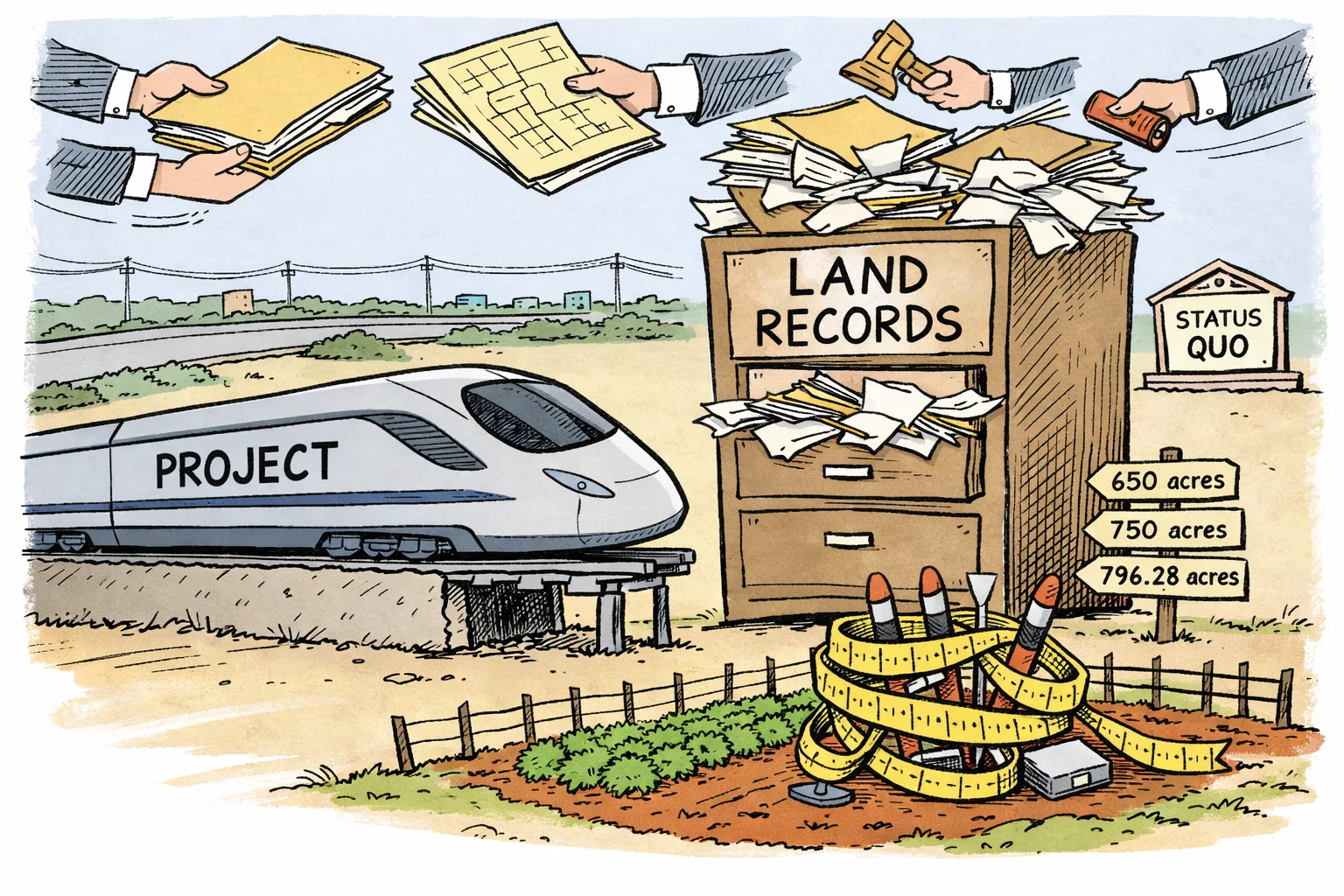 A cartoon bullet train marked “PROJECT” stops on an unfinished track before a jammed cabinet labelled “LAND RECORDS”, beside a fenced Telangana farm plot and conflicting survey markers; a courthouse sign says “STATUS QUO”.