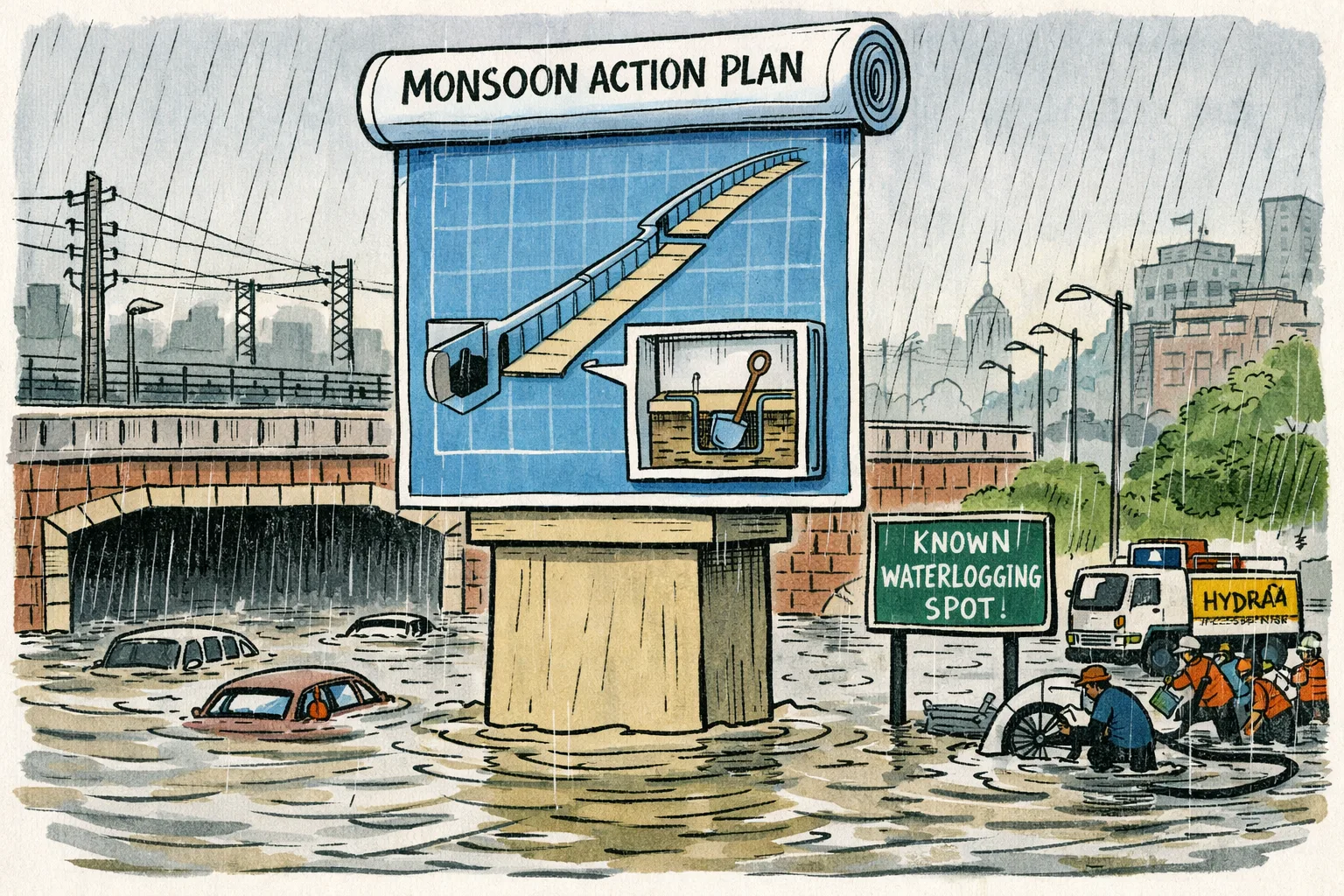 A flooded Secunderabad underpass lies below a dry pedestal holding a municipal monsoon plan whose drainage line stops before the water, while response workers clear the road in heavy rain.