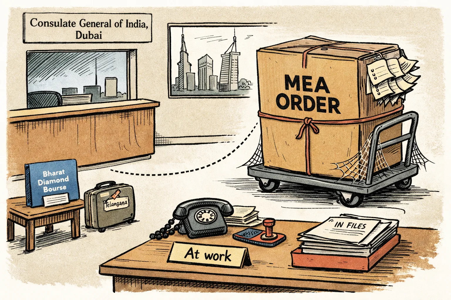 A Dubai consulate desk is buried under a large unopened file marked “MEA posting order”, while a small Telangana-labelled travel case waits beside a functioning office sign and a distant Dubai skyline.