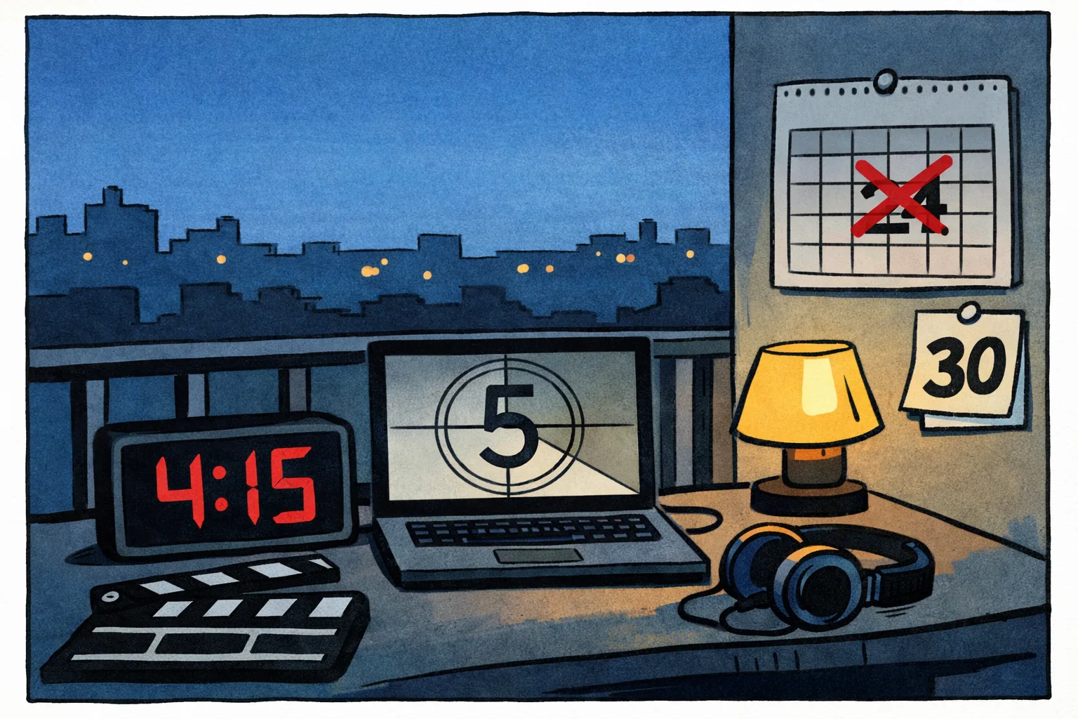 A cinema alarm clock shows 4:15 a.m. beside a laptop displaying a generic trailer countdown, while a postponed launch calendar and film clapperboard sit on a desk under a Hyderabad night sky.