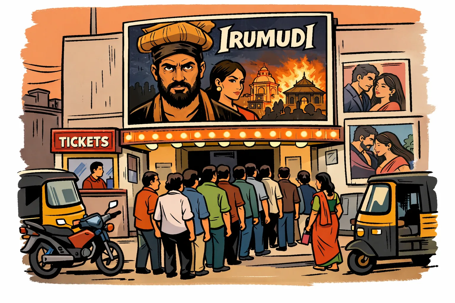 A busy Hyderabad cinema entrance at night with an Irumudi poster, ticket counters and a queue of moviegoers.