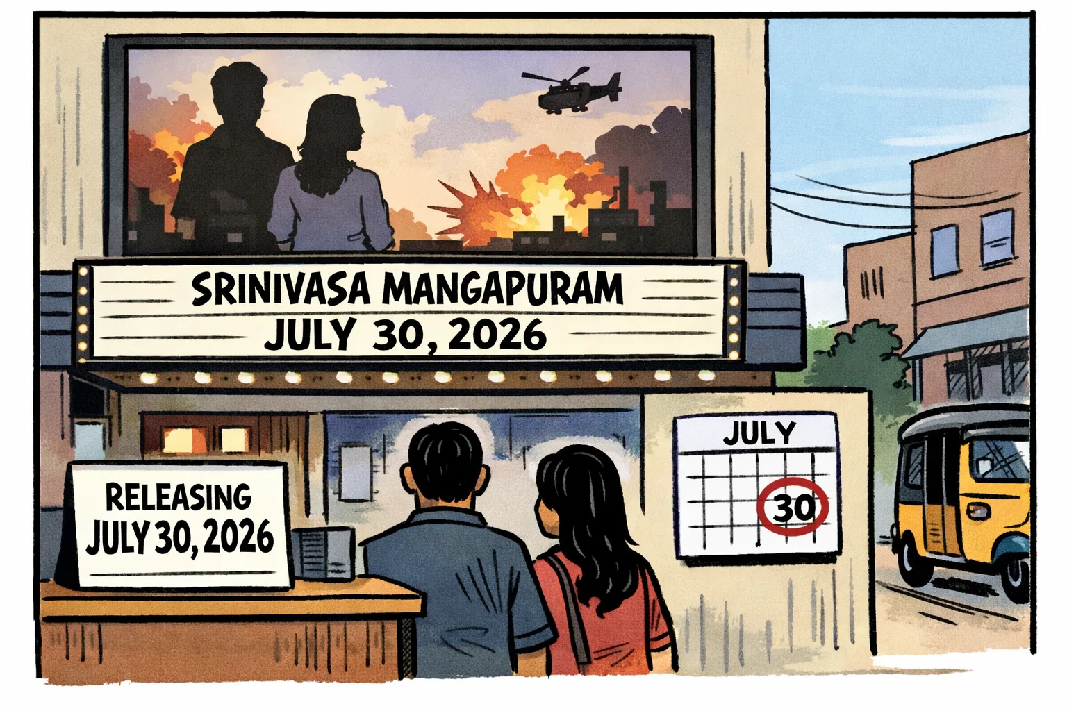 A cinema marquee in Telangana displays a July 30 release card while several smaller listing boards and a calendar show the same date; a red carpet marked “numbers” remains rolled up beside an empty box-office ledger.