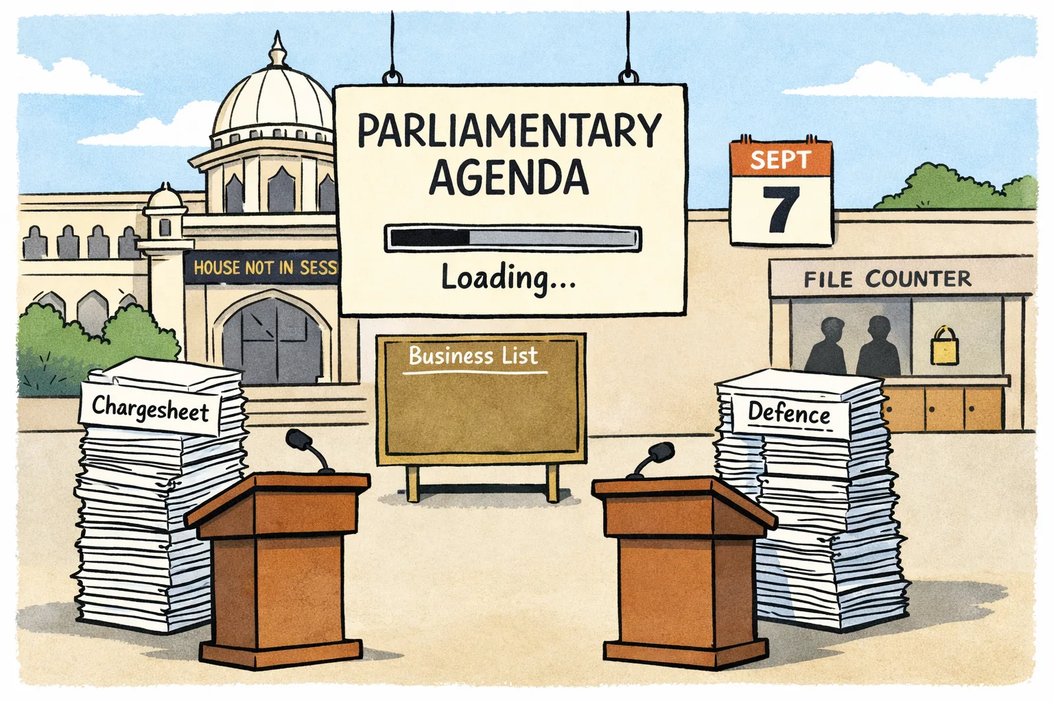A cartoon outside the Telangana Assembly shows rival piles of political papers facing each other while a large agenda document displays a loading bar and a blank business-list board hangs nearby.