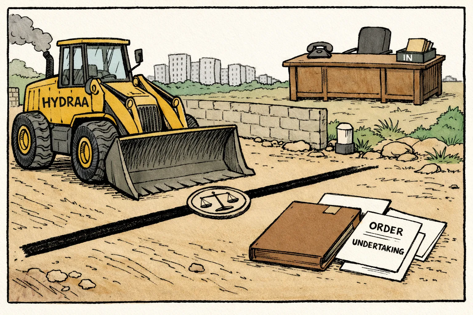 A giant Hyderabad civic bulldozer stops at a thick black line marked with a court seal, while files and official orders sit on one side and a Telangana Secretariat desk waits behind it.