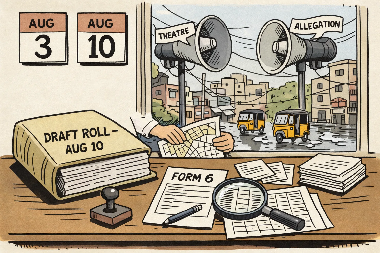 A Telangana electoral roll office desk holds a huge calendar marked August 10, stacks of enumeration forms and a Form 6 application, while party loudspeakers blare from outside and a tired municipal worker checks a city address map.