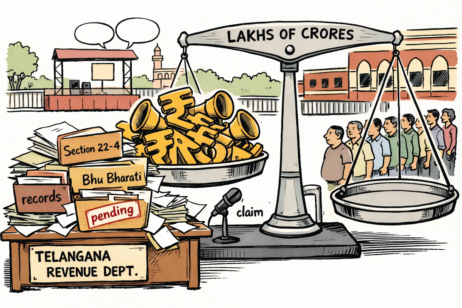 A cluttered land-records desk with Section 22-A files and a waiting queue stands beside an enormous empty valuation scale piled with rupee symbols and loudspeakers.