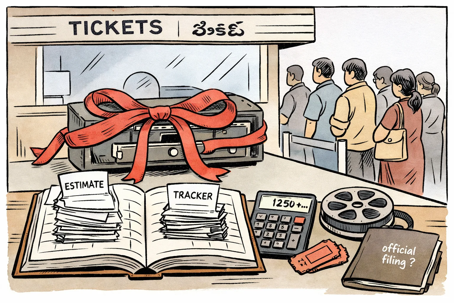 A cinema ticket counter in Telangana displays several mismatched box-office figures while a calculator, receipts and a film reel sit on the counter; a small disclaimer card reads “ESTIMATE”.
