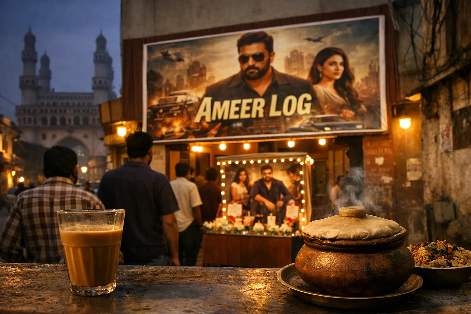 A Hyderabad theatre entrance displays an Ameer Log poster beside a covered biryani handi and an Irani chai glass, with warm evening lights and a Charminar silhouette behind it.