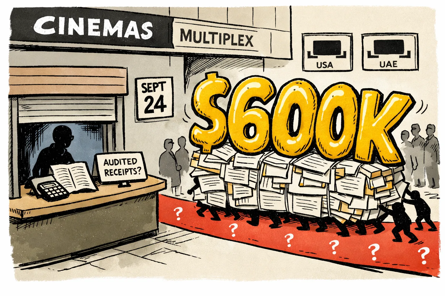 A giant golden $600K balloon made from trade reports rolls on a red carpet outside a cinema, while a half-open ticket counter holds an empty receipt ledger and calculator.