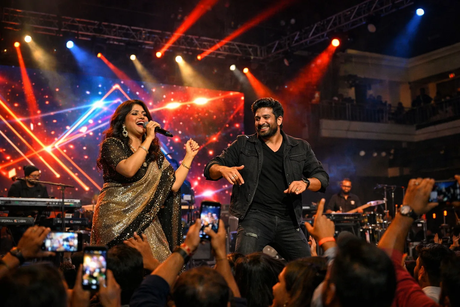 A brightly lit concert stage in Dallas shows two performers beside microphones while a large audience watches and records on phones.