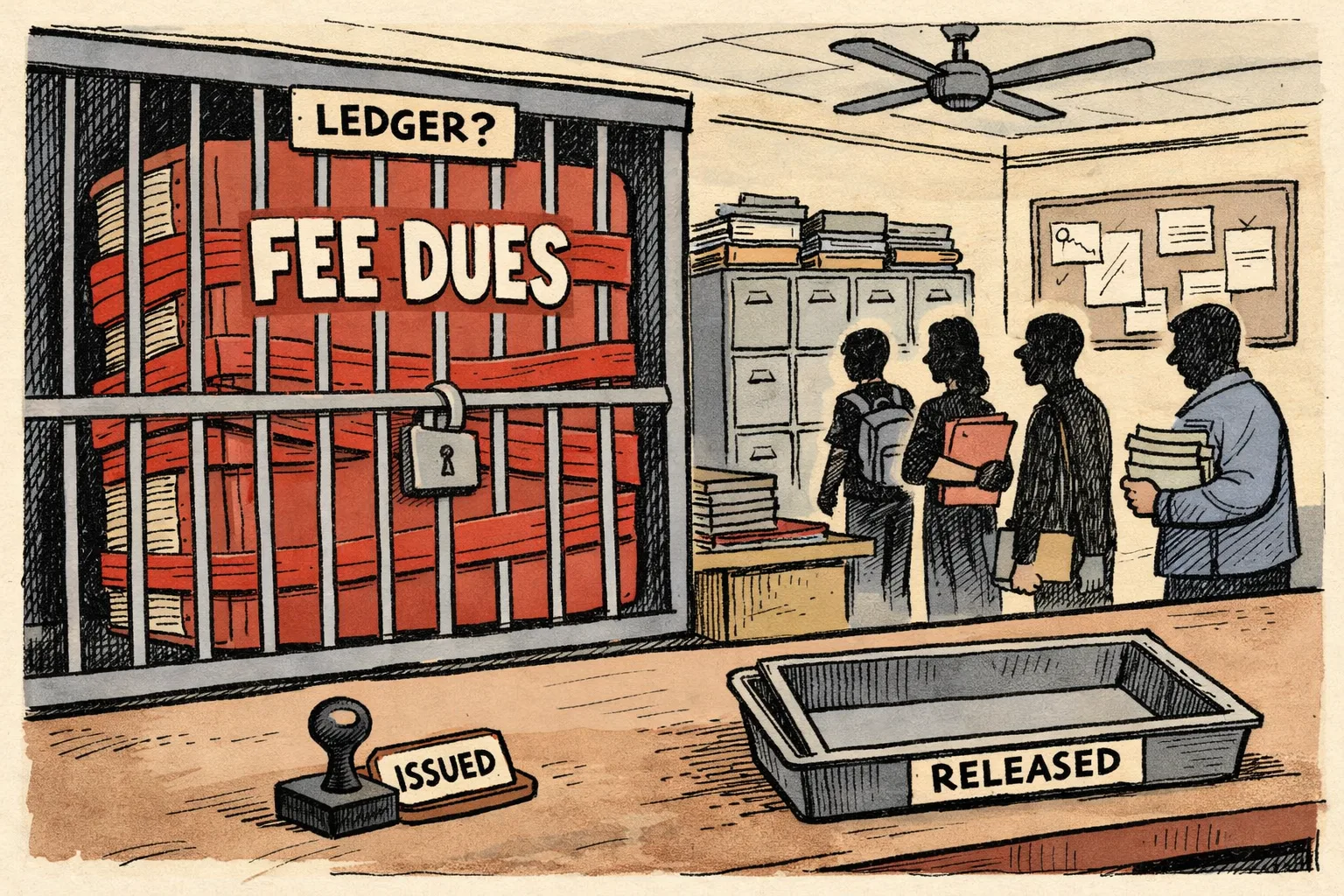 A Telangana government file marked for fee reimbursement sits on a huge locked accounts counter, while students wait beside college bill folders and a wall calendar with dates crossed out.