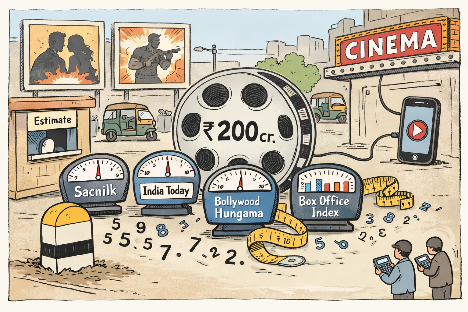 A cartoon outside a multiplex shows a ₹200-crore film-reel box beyond a milestone, surrounded by mismatched scales labelled with box-office tracker names and loose decimal digits.