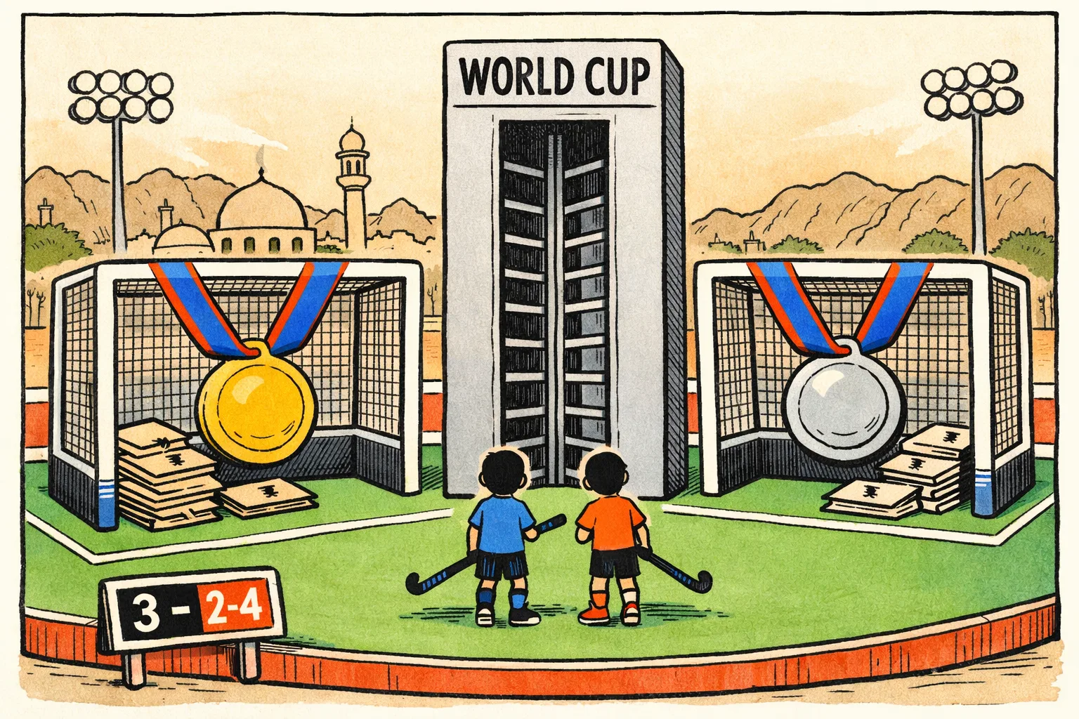 Two small Hockey5s goals stand on a stylised Muscat pitch, one draped with a gold medal and the other with a silver medal, while two hockey sticks point toward a sign for the Youth World Cup.