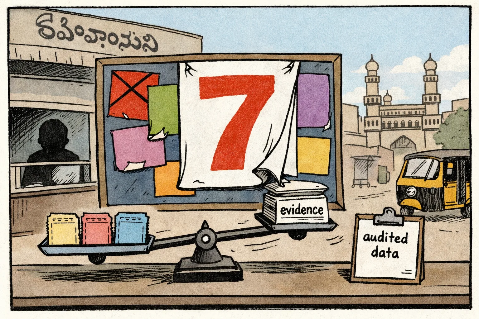 A Telangana cinema noticeboard displays a crowded poster calendar labelled ‘7’, while only three small film tickets sit on an otherwise empty box-office counter; a clipboard marked ‘audited data’ remains blank.