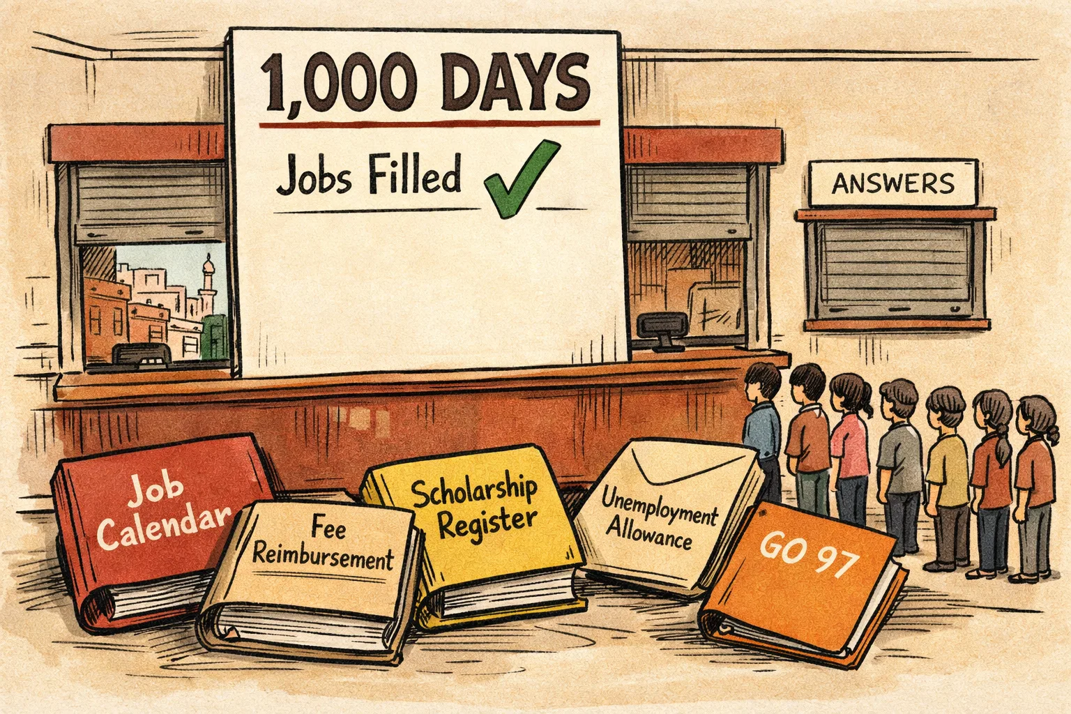 A giant board marked “1,000 DAYS” stands behind a government office counter with a green tick, while files labelled job calendar, fee reimbursement, scholarships, unemployment allowance and GO 97 lie unanswered on the floor before a patient queue.