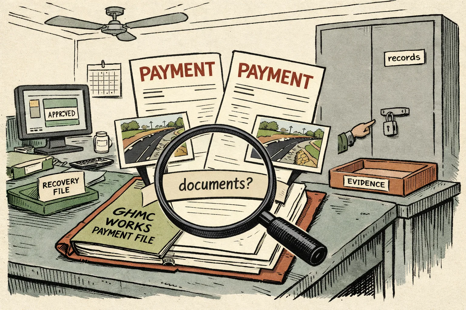 A giant GHMC payment ledger sits on a municipal desk beneath a magnifying glass, while two identical payment slips emerge from one file and a locked records cupboard stands in the background.