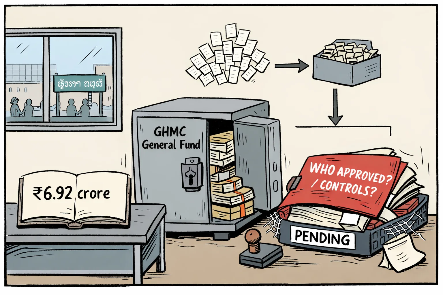 A GHMC office desk shows recovered payment files being locked away while a much larger unanswered accountability file overflows from a tray marked pending.